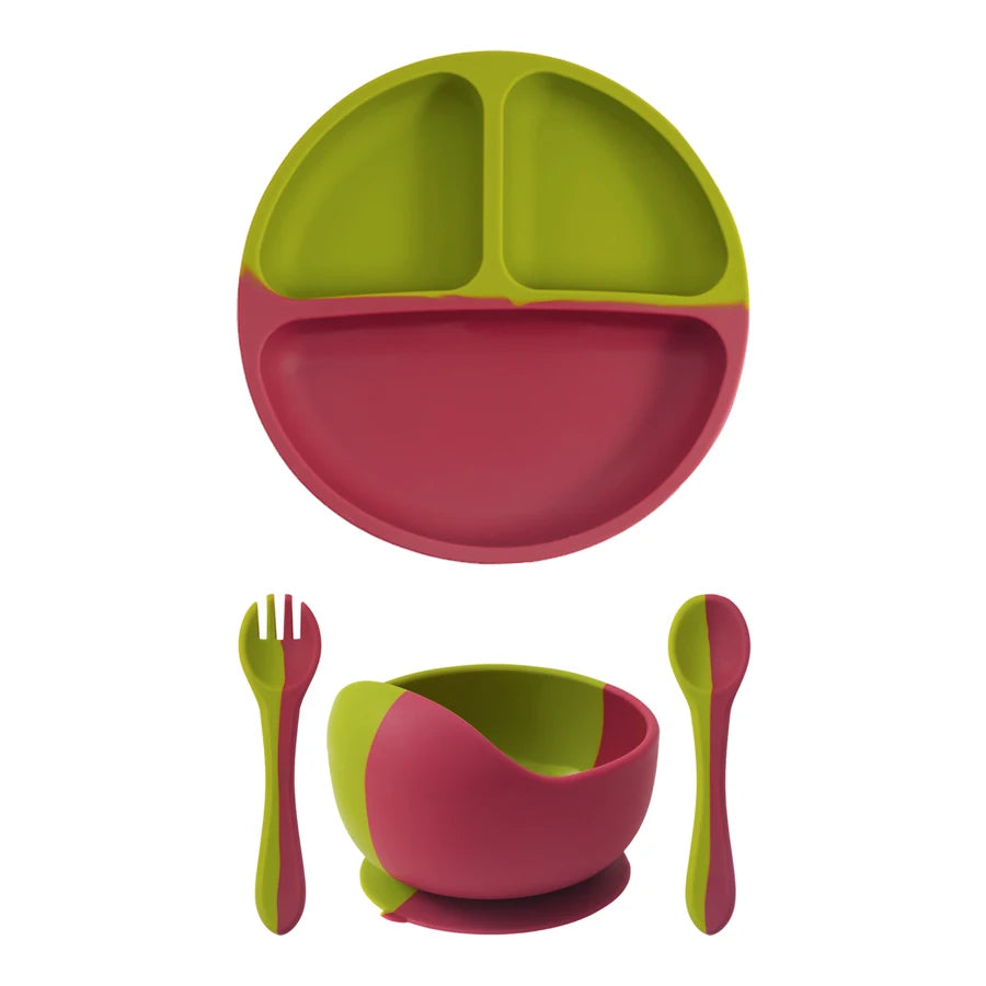 4PCS Silicone Baby Feeding Set BPA Free Suction Bowl Eating Training Spoon