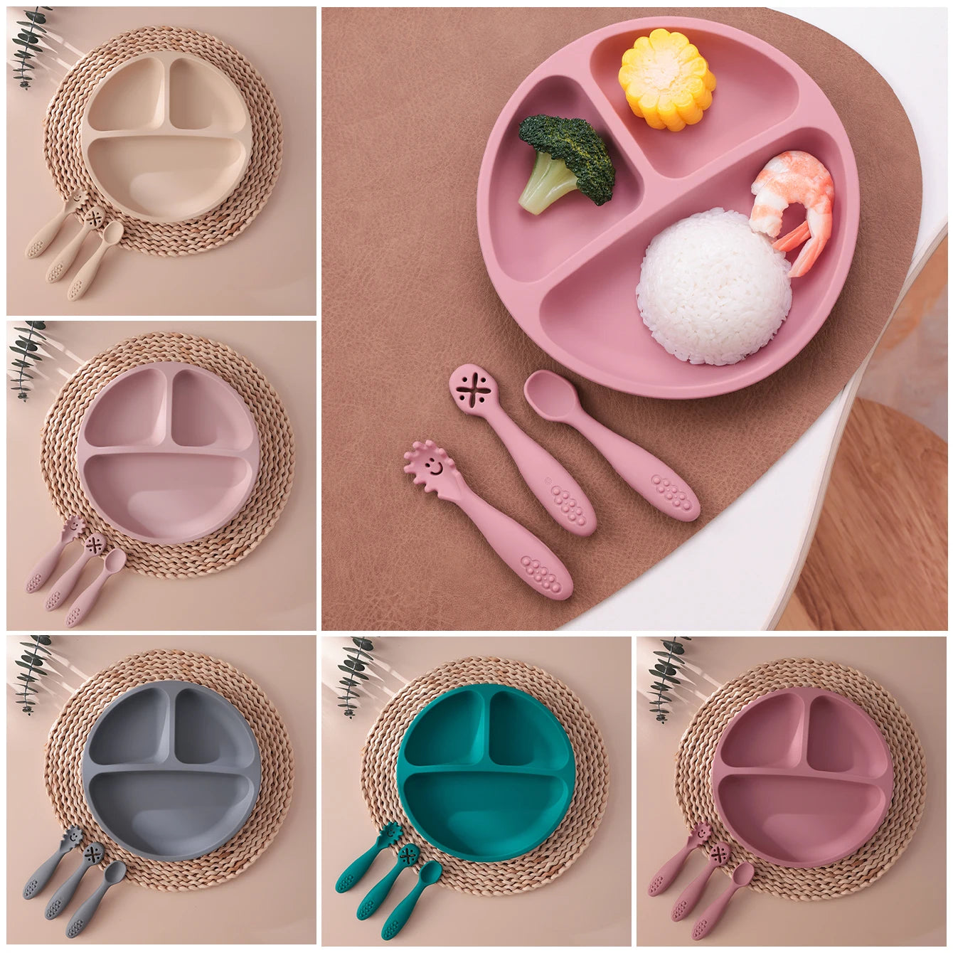 Color Kids 4PCS Silicone Baby Feeding Set BPA Free Suction Plate Training