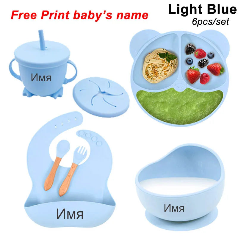 Baby Feeding Plate Sets Suction Bowl Silicone Plate for Kids 6Pcs Children T