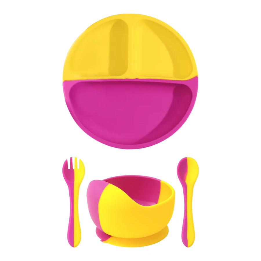 4PCS Silicone Baby Feeding Set BPA Free Suction Bowl Eating Training Spoon
