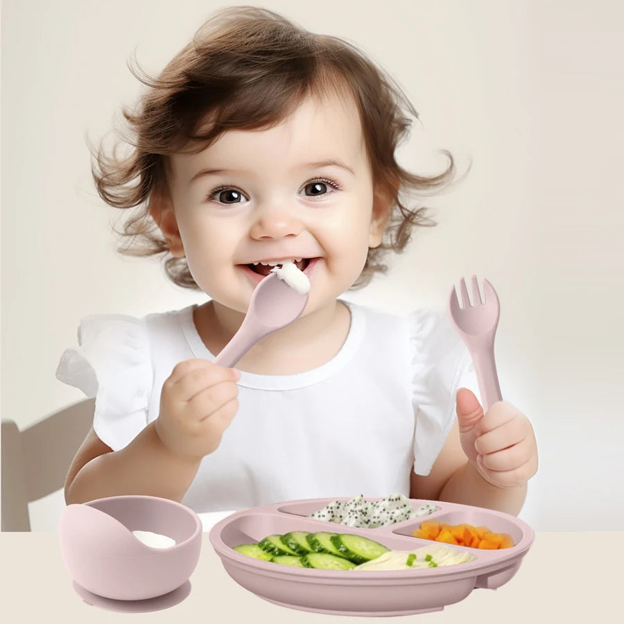 4PCS Silicone Baby Feeding Set BPA Free Suction Bowl Eating Training Spoon