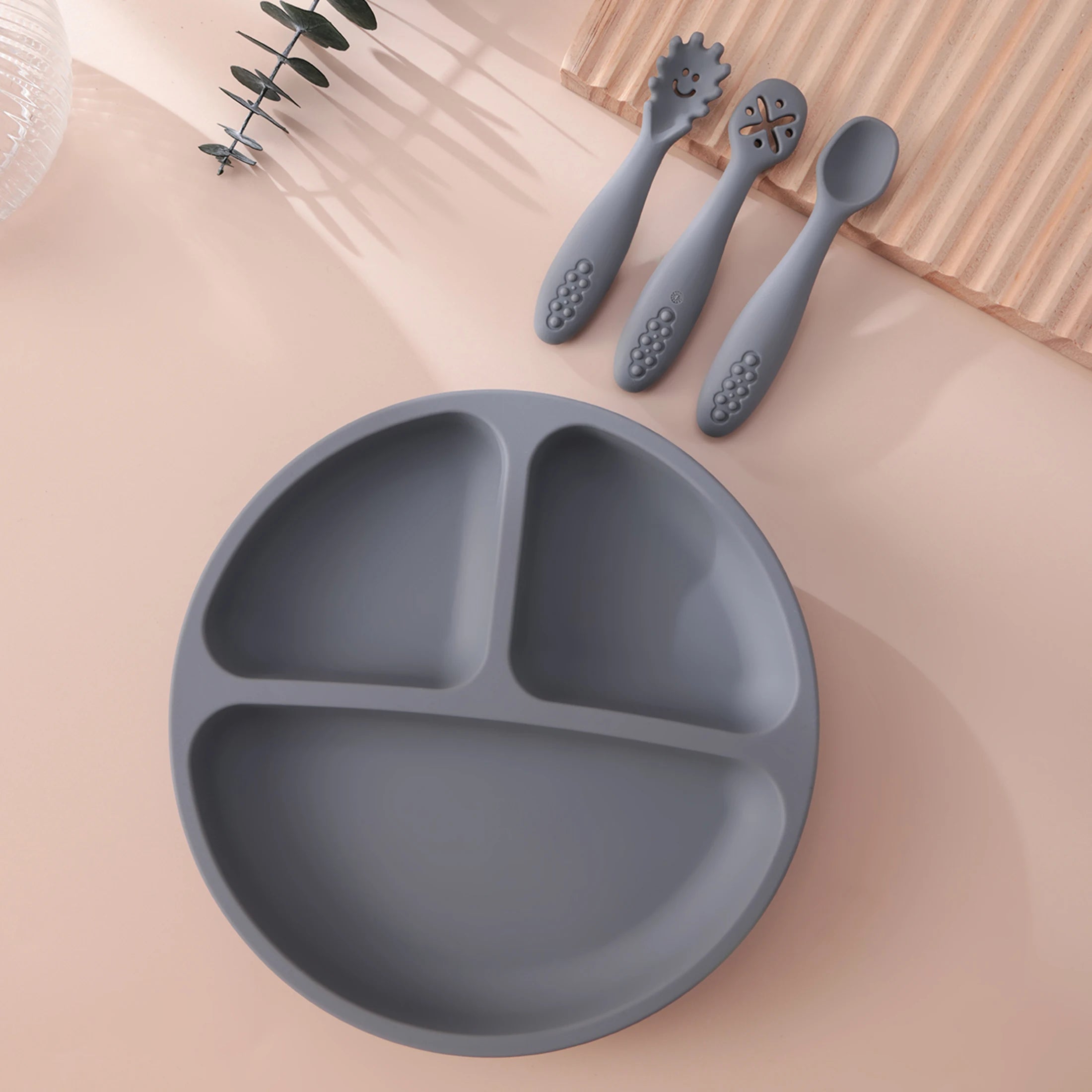 Color Kids 4PCS Silicone Baby Feeding Set BPA Free Suction Plate Training