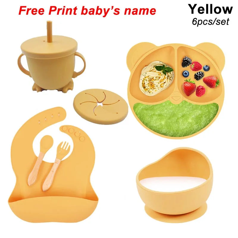 Baby Feeding Plate Sets Suction Bowl Silicone Plate for Kids 6Pcs Children T