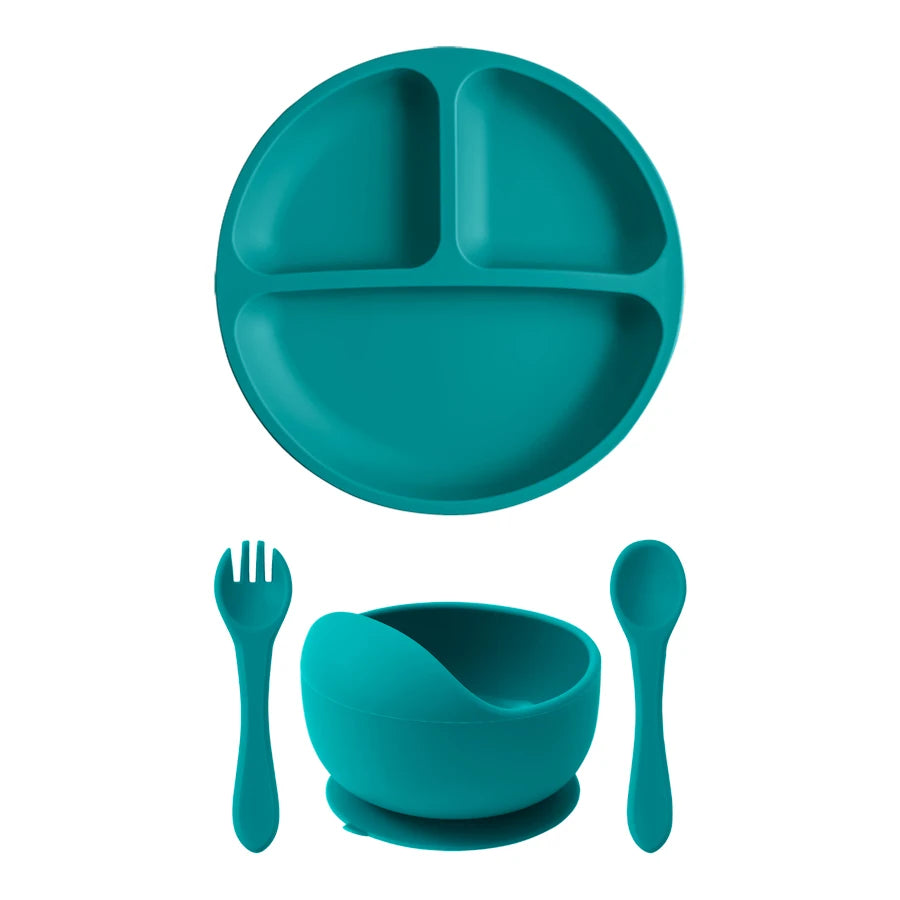 4PCS Silicone Baby Feeding Set BPA Free Suction Bowl Eating Training Spoon
